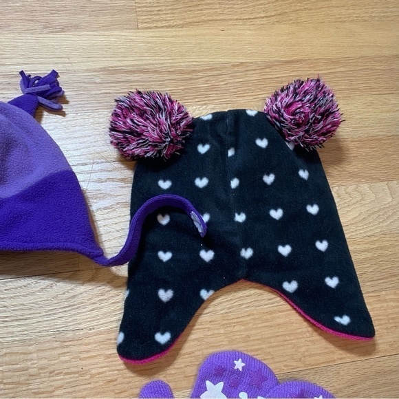 Toddler Hat Mitten Bundle Lot Owl Penguin Pink Purple Black Knit Winter - Picture 6 of 6